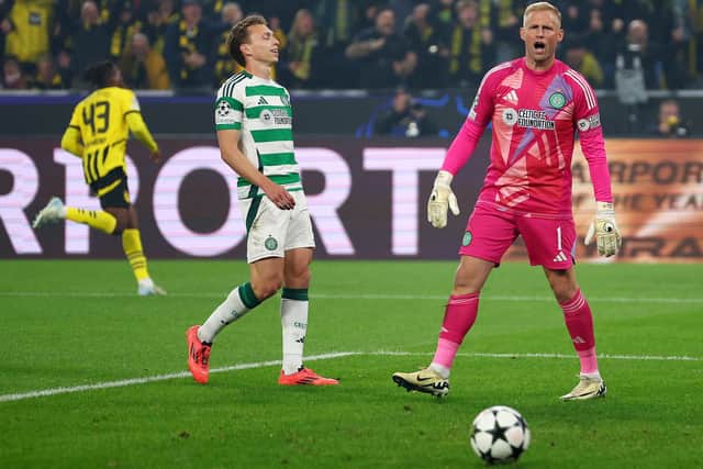 Goalkeeper Kasper Schmeichel and defender Alistair Johnston suffer during Celtic's doing in Dortmund (Pic Dean Mouhtaropoulos/Getty Images)