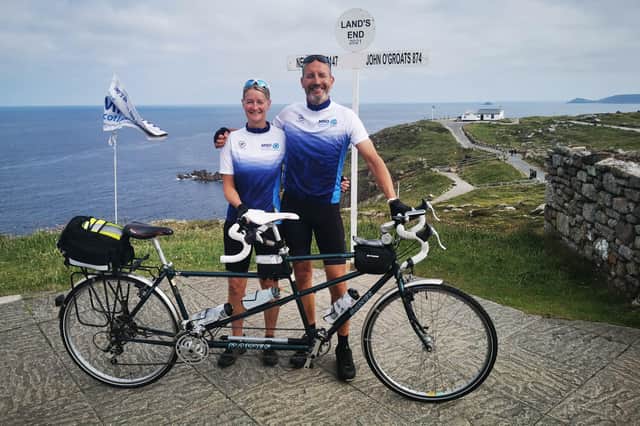 Linlithgow friends Craig Kennedy (50) and Susan Johnston (50) pictured at Land's End for their charity cycle.