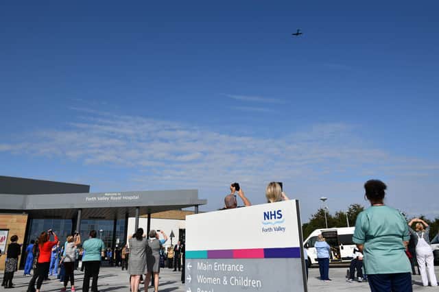 The NHS Spitfire passed over Forth Valley Royal Hospital on Thursday.  (Pic: Michael Gillen)