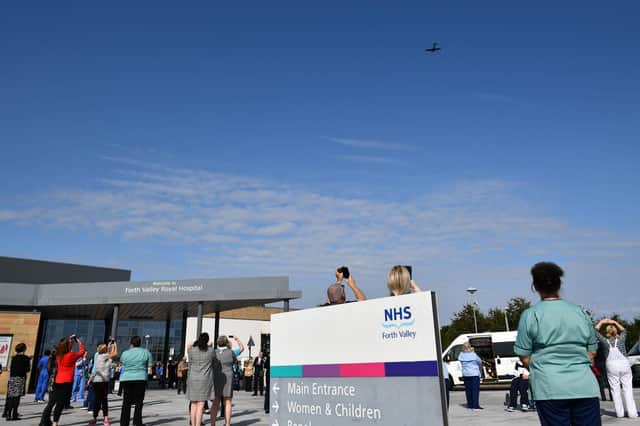 The NHS Spitfire passed over Forth Valley Royal Hospital on Thursday. (Pic: Michael Gillen)