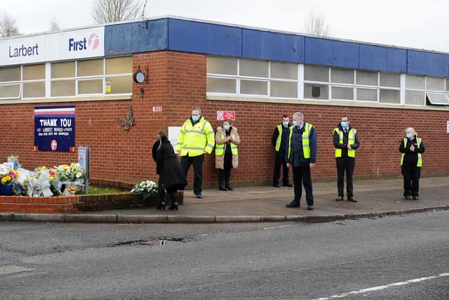 First Bus Larbert depot staff at the funeral of popular driver, Thomas Rooney (Pic: Michael Gillen)