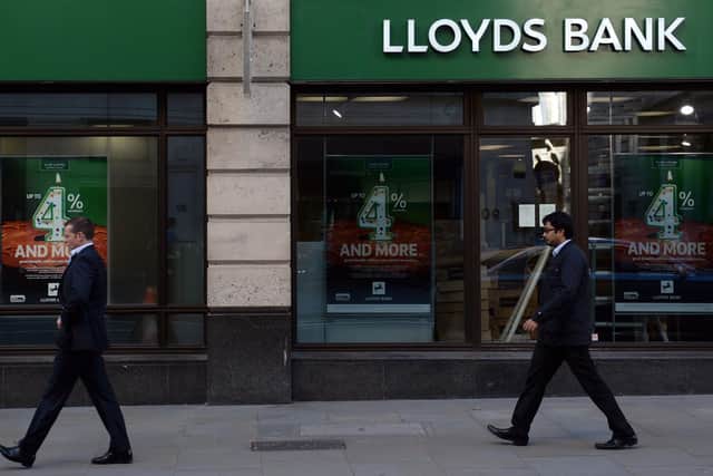 Library image of a branch of Lloyds Bank in the City of London, as another 40 bank branches are to be lost from the UK's high streets, as Lloyds and Halifax announced more closures.