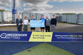 Left to right, Graeme Stewart, Falkirk FC, Claire Kennedy, Strathcarron Hospice, Falkirk FC players Craig McGuffie and team captain Stephen McGinn, Chris Wilson, Regency Betting Group, Ryan Boyle, Regency Betting Group