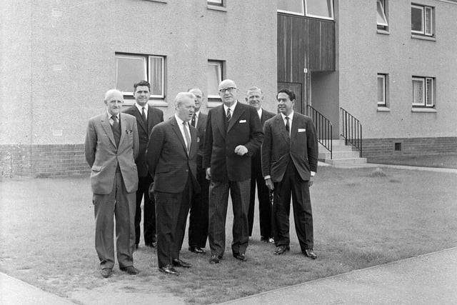 Council representatives outside new corporation houses at Oxgangs Crescent in June 1965.