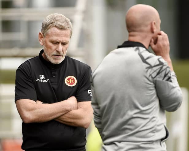 Gary Naysmith and Brown Ferguson on the touchline against Stenhousemuir last Saturday during a League One match that finished 1-0 in the Wasps’ favour (Pictures by Alan Murray)