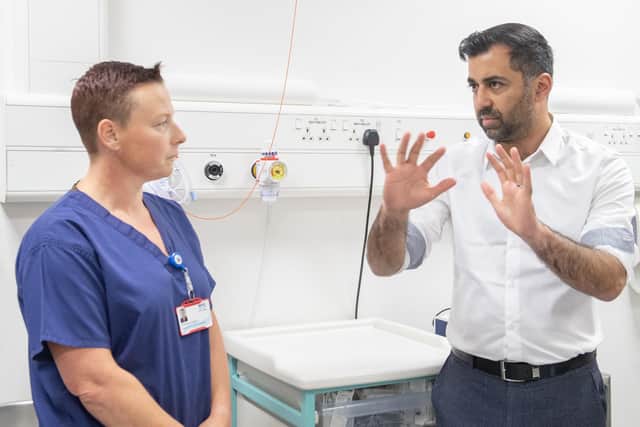 Humza Yousaf visits Forth Valley Royal Hospital, Larbert, to mark the 75th anniversary of the NHS in July (Picture: Lesley Martin/pool/Getty Images)