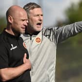 Stenny boss Gary Naysmith (right) and assistant Brown Ferguson oversee 5-0 win (Pics Alan Murray)