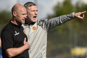 Stenny boss Gary Naysmith (right) and assistant Brown Ferguson oversee 5-0 win (Pics Alan Murray)