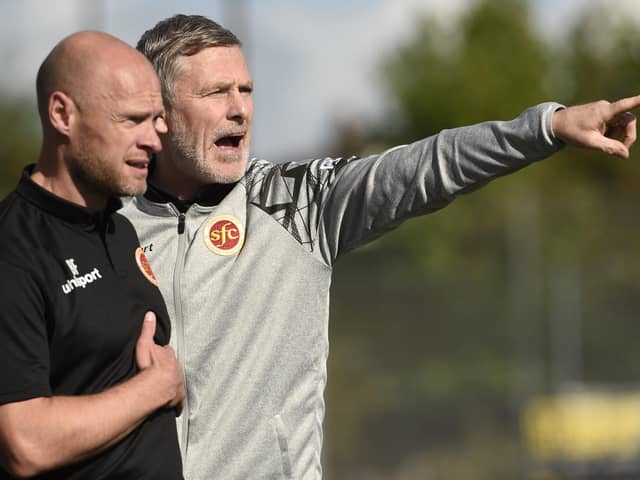 Stenny boss Gary Naysmith (right) and assistant Brown Ferguson oversee 5-0 win (Pics Alan Murray)