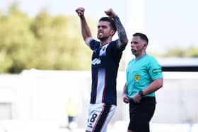 24-08-2024. Picture Michael Gillen. FALKIRK. Falkirk Stadium. Falkirk FC v Partick Thistle FC. Season 2024 - 2025. SPFL William Hill Championship. Match Day 4. Second goal Falkirk, Brad Spencer 8.