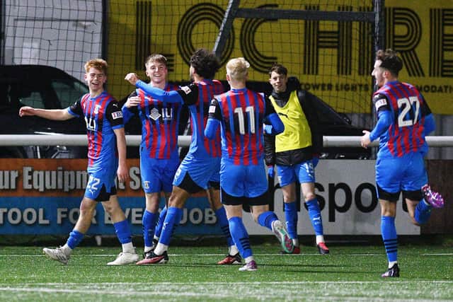 21-12-2024. Picture Michael Gillen. STENHOUSEMUIR. Ochilview Park. Stenhousemuir FC v Inverness Caledonian Thistle FC. Season 2024 - 2025. Matchday 18. SPFL William Hill League One. Goal Inverness Caledonian Thistle, Paul Allan 26.