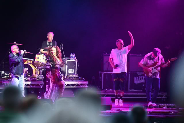 Happy Mondays on stage on Saturday evening - Shaun Ryder, Rowetta and Bez .