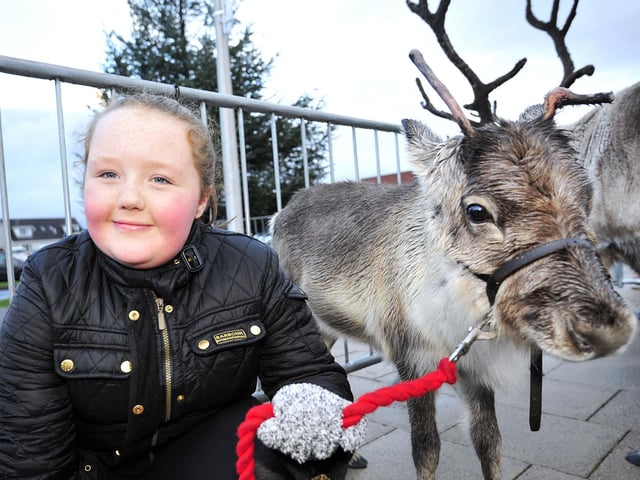 Stenhousemuir Christmas Lights switch on. Amy McGleane 11 and Cairngorm Reindeer, 2015.