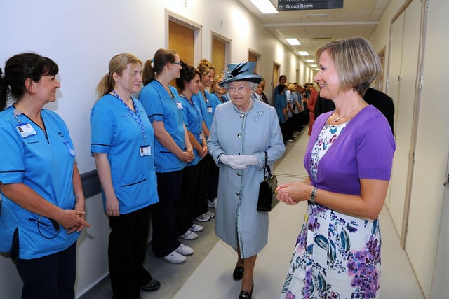 On her visit to the hospital, the royal visitor met with staff.