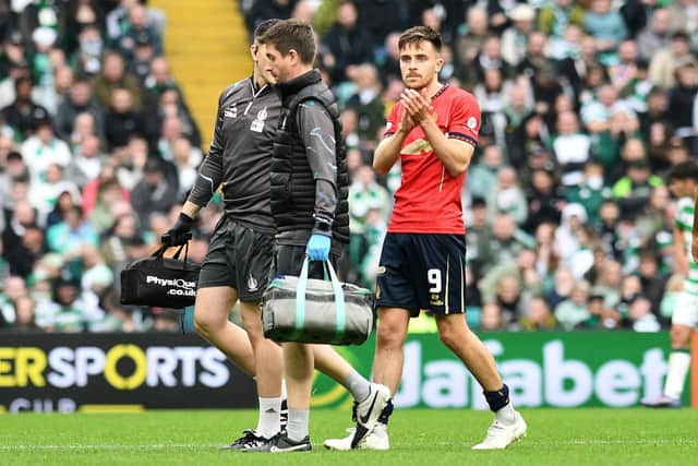 Ross MacIver came off injured at Celtic Park after firing Falkirk ahead (Photo: Michael Gillen)