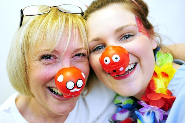 Treatment Co-ordinator Margaret Hogg and Trainee Dental Nurse Jazmin McLay at Falkirk Dental Care in Grahams Road prepare for Red Nose Day in 2015.