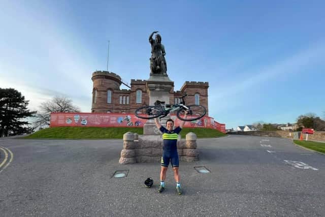 Falkirk Junior Bike Club head coach Fraser Johnston reached Inverness within 12 hours during the group's fundraising event for Strathcarron Hospice. Contributed.