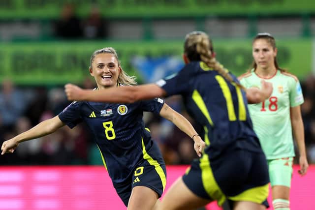 Sam Kerr of Scotland celebrates scoring her team's first goal with teammate Lisa Evans during the UEFA Women's EURO 2025 Play-Off Round One Second Leg match between Scotland and Hungary at Easter Road on October 29, 2024 in Edinburgh, Scotland. (Photo by Ian MacNicol/Getty Images)
