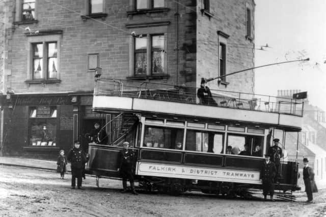 Tram at Larbert Cross outside the Wheat Sheaf Bar around 1905. (Pic: Contributed)