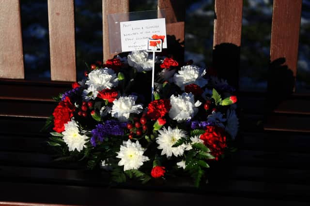 Wreath left to Margaret Ferguson who died age 18 at the Ibrox disaster 50 years ago today.  (Pic: Michael Gillen)