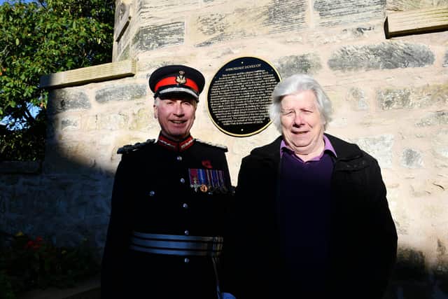 Lord Lieutenant of Stirling and Falkirk, Alan Simpson and Leslie Pryde, Friends of Dollar Park chairman at the dovecot on Tuesday when a plaque marking the restoration was unveiled.  (Pic: Michael Gillen)