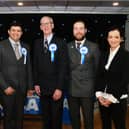 Alex Salmond, with Alba's Falkirk Council election candidates