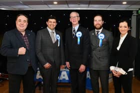 Alex Salmond, with Alba's Falkirk Council election candidates