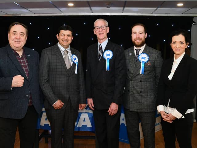 Alex Salmond, with Alba's Falkirk Council election candidates
