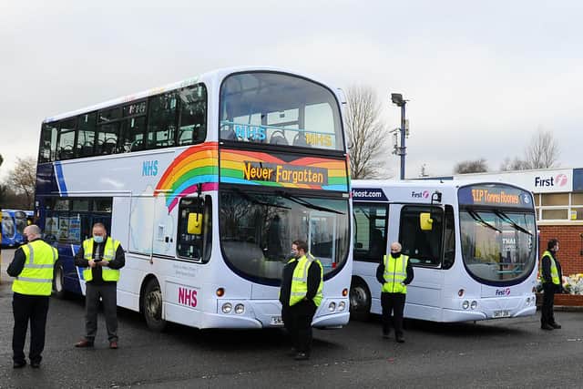 Staff at First Bus' Larbert depot paid tribute to ex-colleague Thomas Rooney. Picture: Michael Gillen.