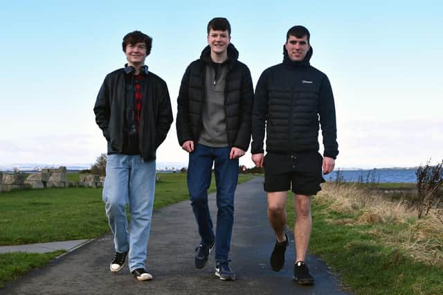 Owen Watkins, Aaron Marsters and Findlay MacInnes  are walking the West Highland Way when they finish school this summer in aid of the Teenage Cancer Trust.  Pic: Michael Gillen.