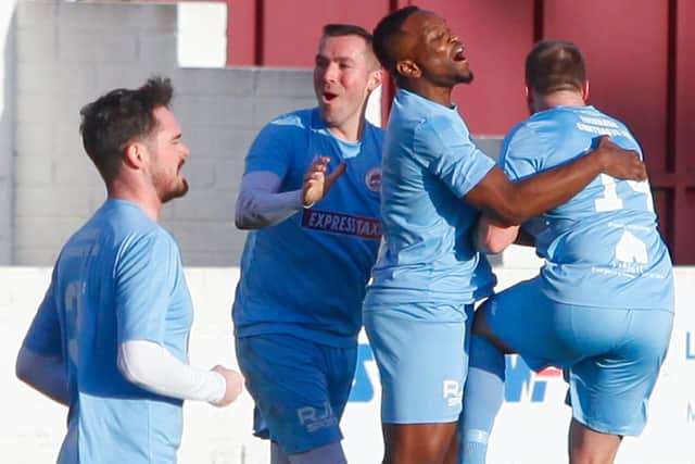 Camelon Juniors players celebrating after going 1-0 up against Linlithgow Rose (Photo: Scott Louden)