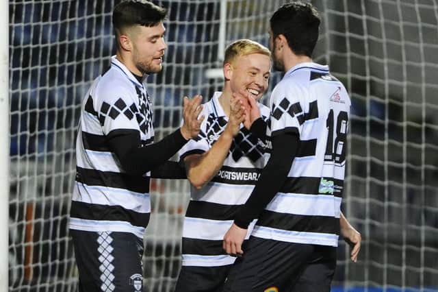 Nicky Low celebrates his goal in East Stirlingshire's 5-0 win over Inverurie Locos in Saturday's Scottish Cup second preliminary round tie at the Falkirk Stadium