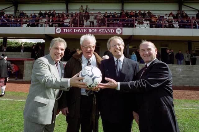 Stand was named in Davie's honour at Prestonfield in 2000. He is pictured (far right) with (l-r) then President Les Donaldson, MP Tam Dalyell and Henry McLeish. (Pic: Andrew West)