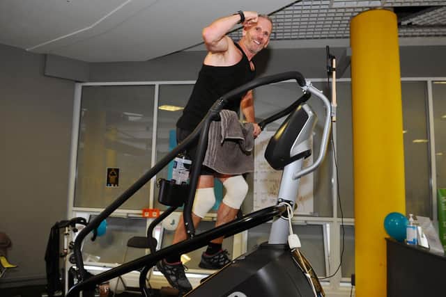 Dave Lawrence climbed the equivalent height of Mount Everest on a Stairmaster machine at a Falkirk gym for Strathcarron Hospice. Picture: Michael Gillen.