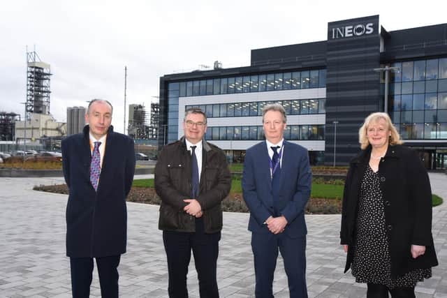Falkirk Growth Deal visit, left to right, Kenneth Lawrie, Falkirk Council chief executive; UK Government Minister Iain Stewart; Andrew Gardner, chief executive of Ineos Forties Pipeline System; and Councillor Cecil Meiklejohn, leader of Falkirk Council. Pic: Lisa Evans