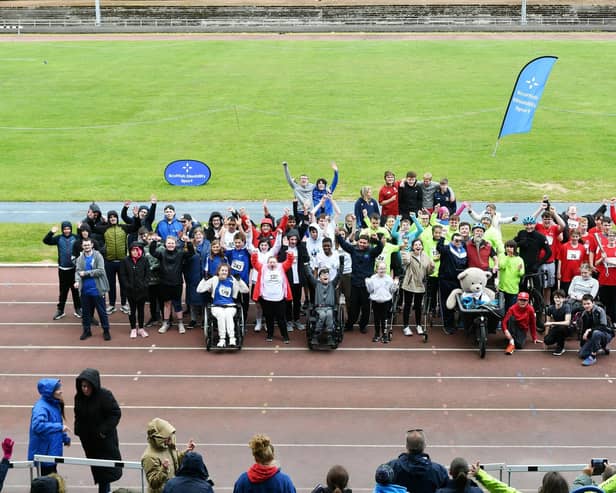 Participants in the Scottish Disability Sport National Junior Athletics event at Grangemouth Stadium as part of the Relay Your Way events.