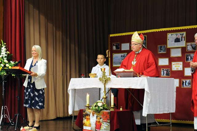 Headteacher Mrs McCreery and  Bishop Stephen Robson.