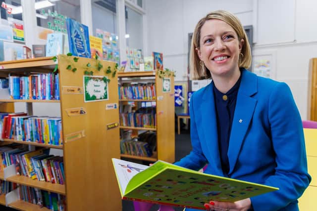 Jenny Gilruth, Cabinet Secretary for Education and Skills, announcing £200,000 for library projects across Scotland, including Denny Primary. Pic: Contributed
