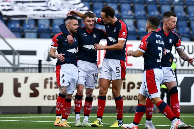 Jordan Allan converted from the spot for Falkirk to go 1-0 up (Pictures by Michael Gillen)