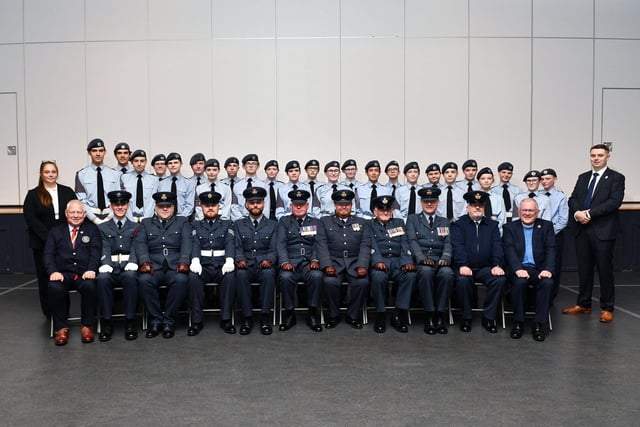 The full Squadron with guests, including: Squadron Leader Robert Sandison - Inspecting Officer; Squadron Leader Brian McCotter; WO Rik Corrigan - Wing Warrant Officer; Rev. Dunn; and Andrew Niven, Falkirk Rotary Club.