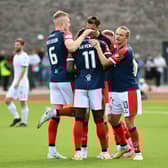 Agyeman is mobbed by his Falkirk teammates after netting the opener against Edinburgh City (Photo: Michael Gillen)