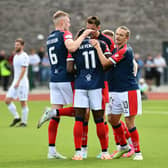 Agyeman is mobbed by his Falkirk teammates after netting the opener against Edinburgh City (Photo: Michael Gillen)