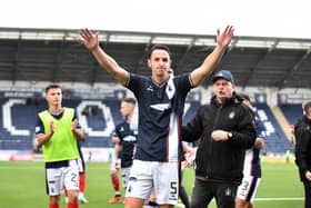 05-10-2024. Picture Michael Gillen. FALKIRK. Falkirk Stadium. Falkirk FC v Ayr United FC. Season 2024 - 2025. SPFL William Hill Championship. Match Day 9. Liam Henderson 5 at the end of the game.
