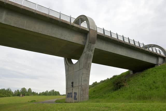 The graffiti was on one of the support pillars of the Falkirk Wheel, but has now been painted over.  PIc: Michael Gillen