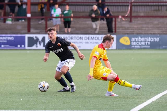 Kinlay Bilham in possession for Stenhousemuir during their 4-1 loss at home to Ayr United on Tuesday (Pic: Mark Ferguson)