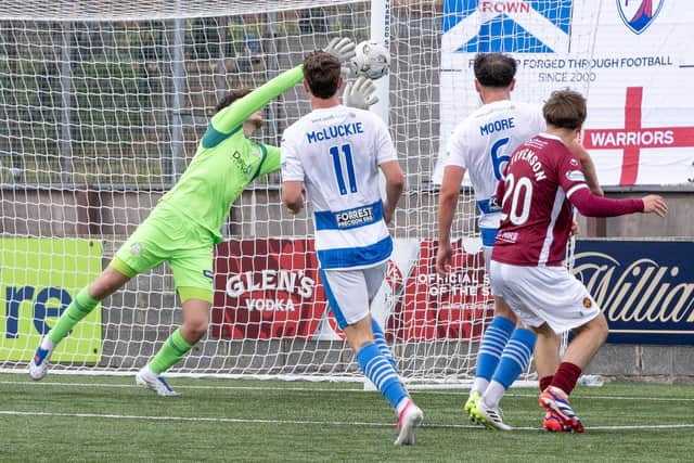 Gus Stevenson’s effort from a tight angle makes it 2-0 to Stenhousemuir (Photo: Michael Gillen)