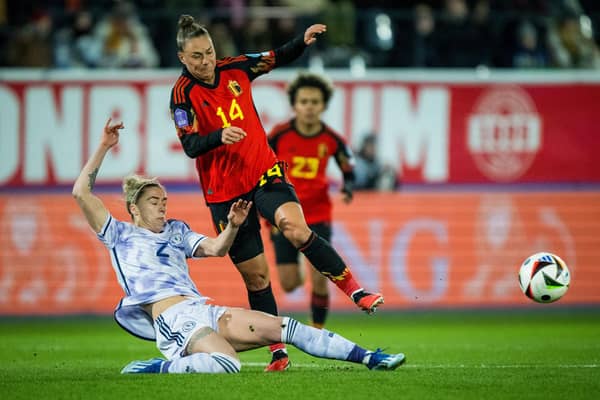 Nicola Docherty made her 50th cap for Scotland as they drew 1-1 in Belgium on Friday night (Photo: JASPER JACOBS/BELGA/AFP via Getty Images)