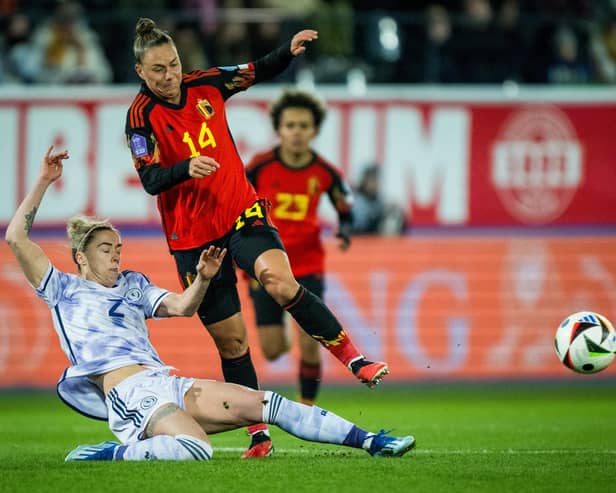 Nicola Docherty made her 50th cap for Scotland as they drew 1-1 in Belgium on Friday night (Photo: JASPER JACOBS/BELGA/AFP via Getty Images)
