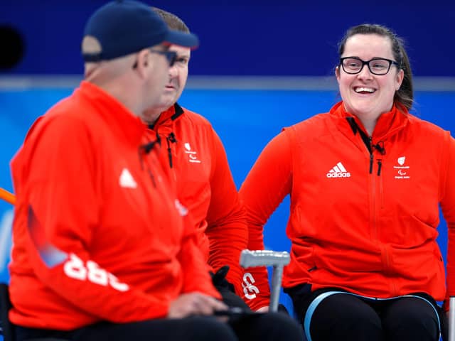 BEIJING, CHINA - MARCH 08: Meggan Dawson-Farrell of Team Great Britain competes in the Mixed Wheelchair Curling Round Robin Match between Great Britain and Sweden during Day Four of the Beijing 2022 Winter Paralympics at National Aquatics Centre on March 08, 2022 in Beijing, China. (Photo by Steph Chambers/Getty Images)