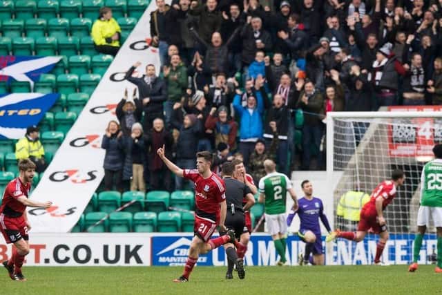 McGuffie wheels away after scoring a wonder-strike against Hibs at Easter Road in the Scottish Cup quarter-final back in 2017 (Photo: Alan Harvey/SNS Group)